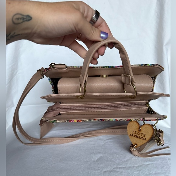 Artisanal Wood and Leather Colorful Mosaic Needlepoint Crossbody Purse - Picture 3 of 11